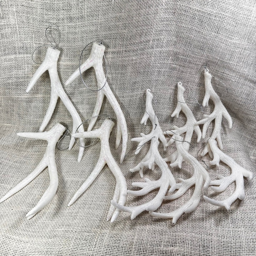 10 White‎ Glitter Antler Christmas Ornaments Rustic Woodland Lodge Tree Decor